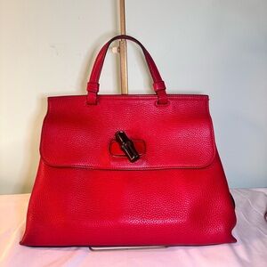 Gucci Bamboo Daily Large Red Pebbled Leather Top Handle Bag